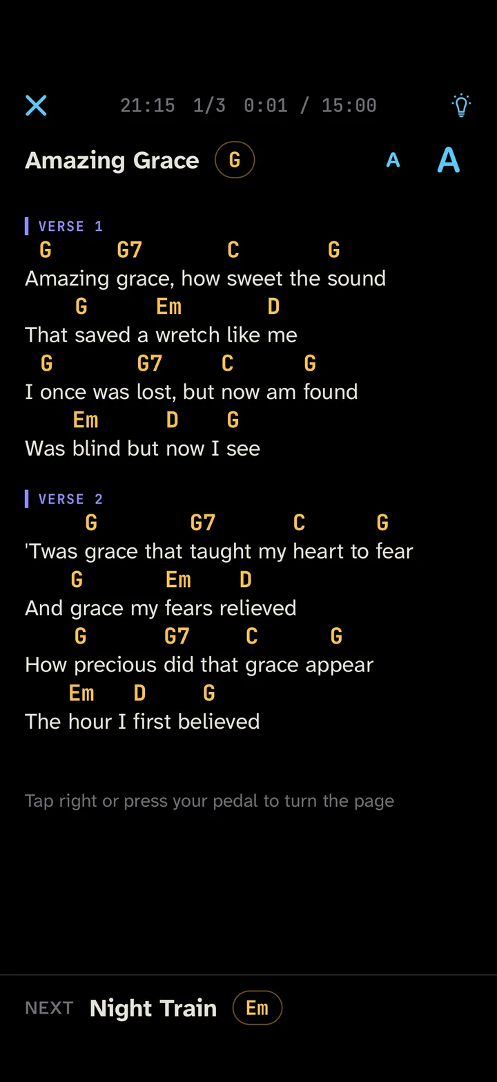 Stage mode: a song with chords above the lyrics in large type, the next song shown at the bottom.